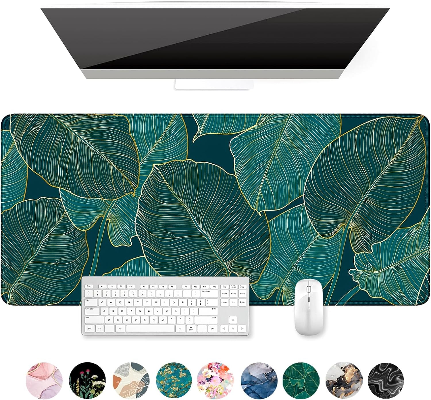 Extended Mouse Pad, XXL Gaming Mouse Pads, Large Big Mousepad Laptop Computer Keyboard Mat Desk Pad with Non-Slip Base Stitched Edge for Gaming Office, 35.5 X 15.7 Inch, Tropical Leaves